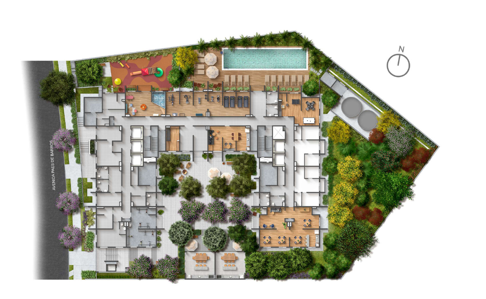 Implantação ilustrada do Vibra Paes de Barros com piscina, playground, academia e áreas de convivência