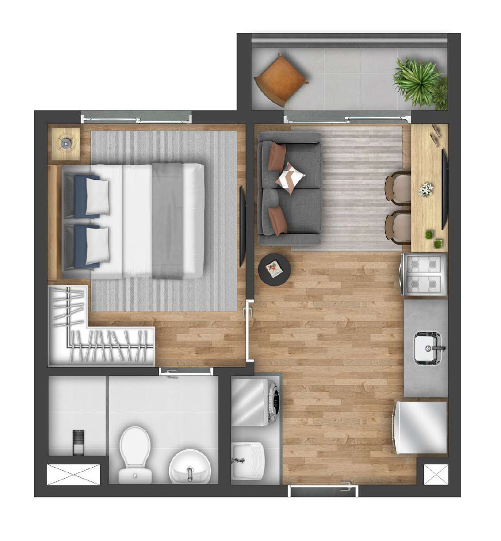 Planta ilustrada do apartamento de 26,45 m² com 1 quarto e terraço
