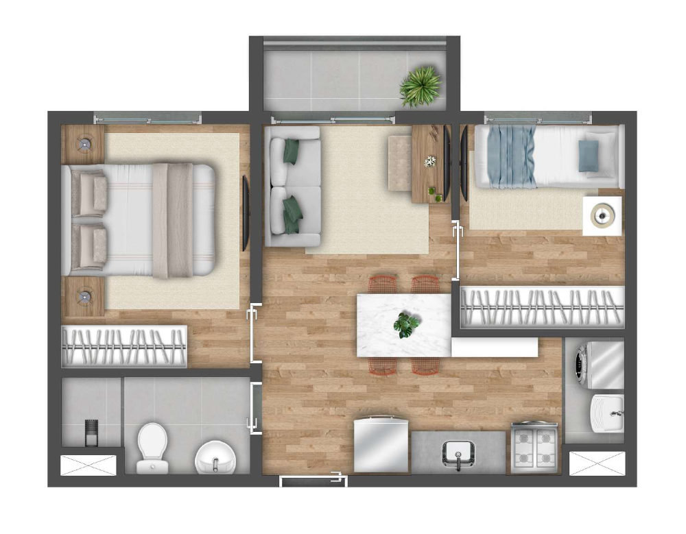 Planta ilustrada do apartamento de 36,71 m² com 2 quartos e terraço