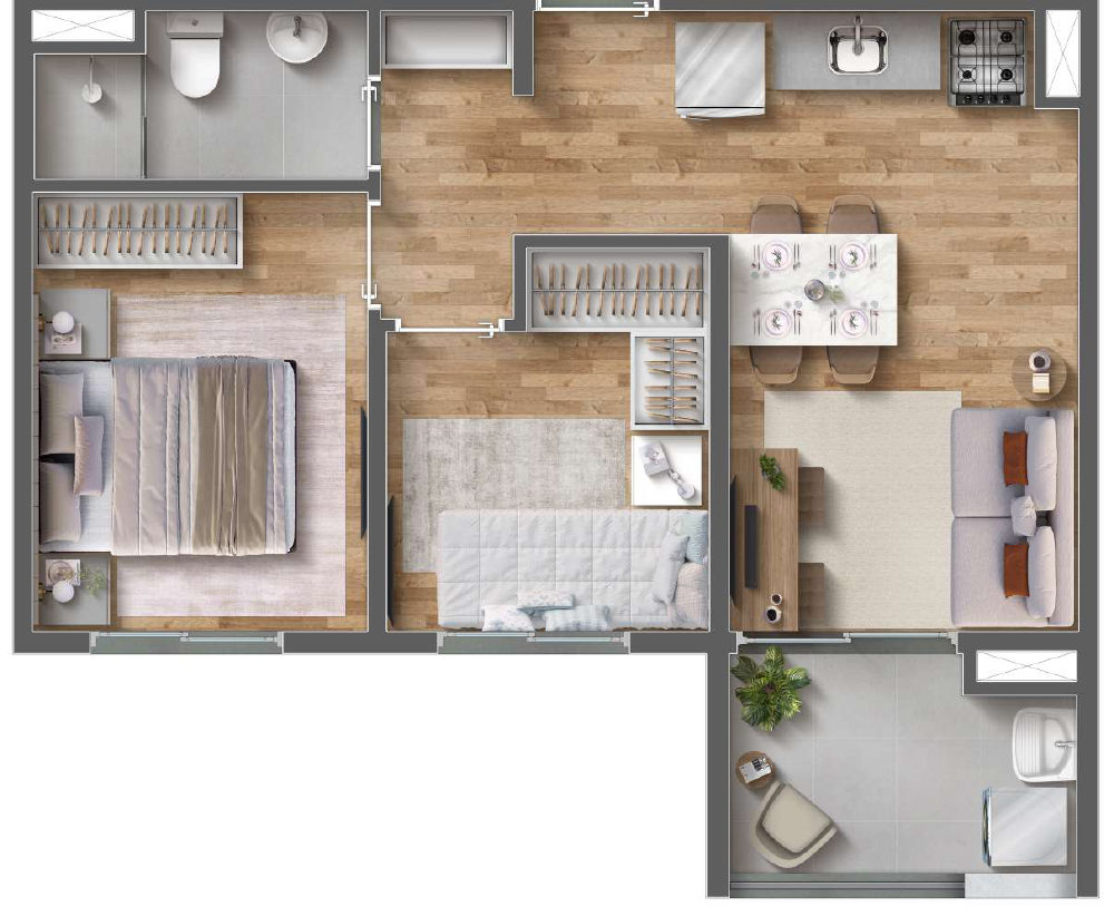 Planta ilustrada do apartamento de 39,03 m² com 2 quartos e terraço
