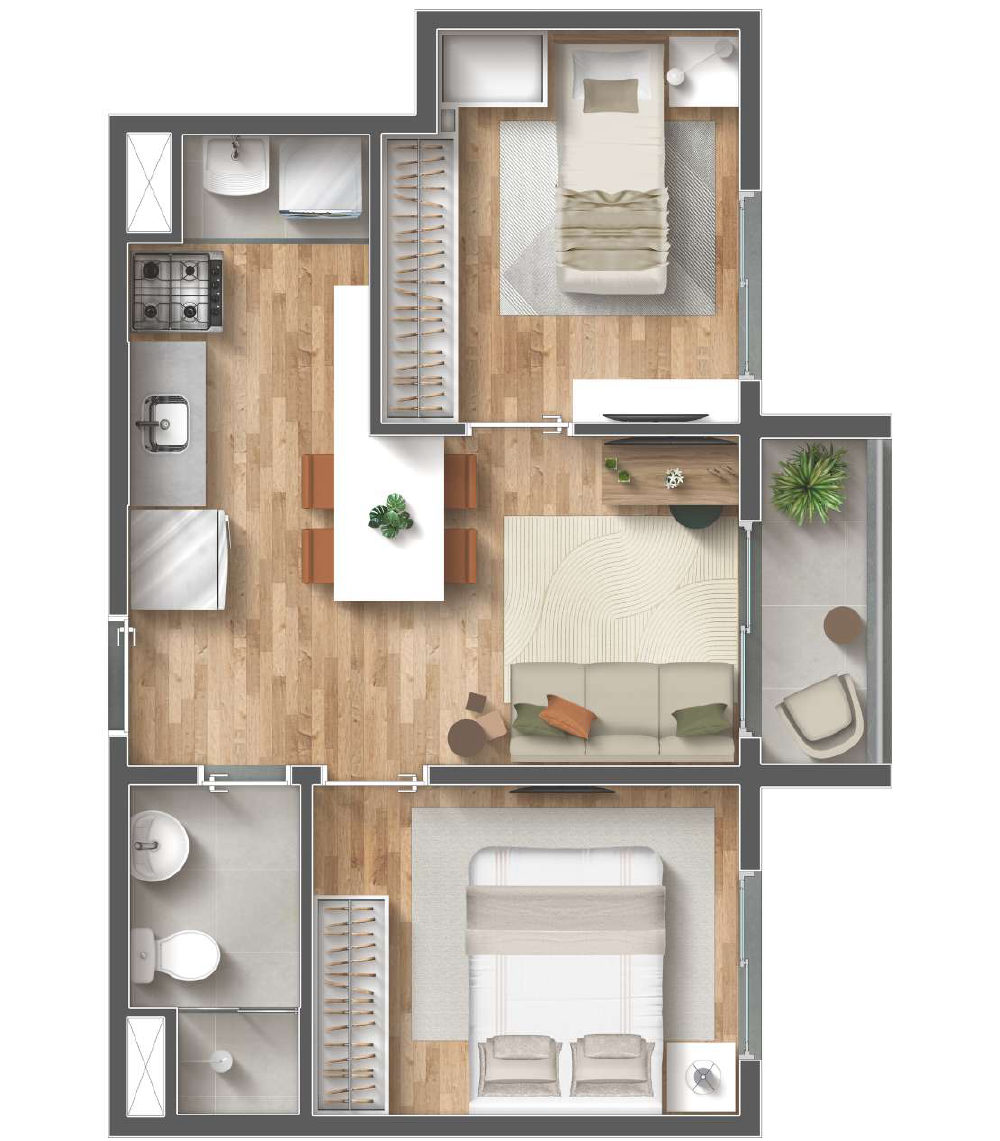 Planta ilustrada do apartamento de 40,53 m² com 2 quartos e terraço