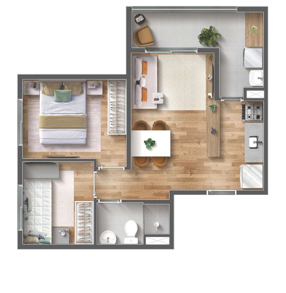 Planta ilustrada do apartamento de 43,29 m² com 2 quartos e terraço