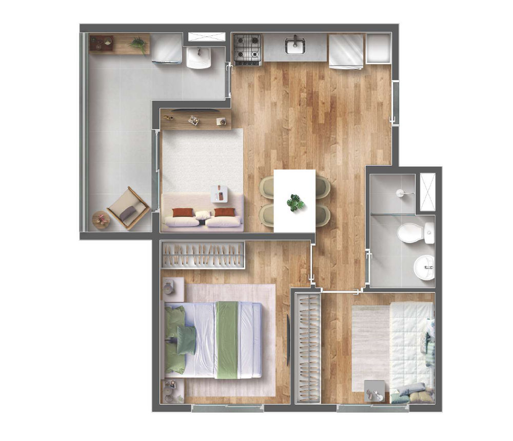 Planta ilustrada do apartamento de 44,15 m² com 2 quartos e terraço